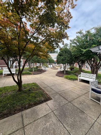 Outdoor courtyard with seating and landscaped trees