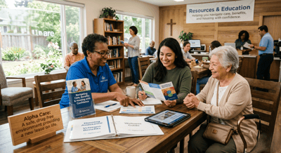 Staff assisting residents with resources and education materials.