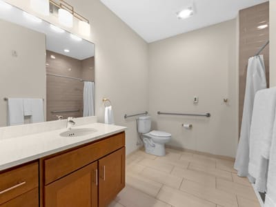Accessible bathroom with grab bars and sink
