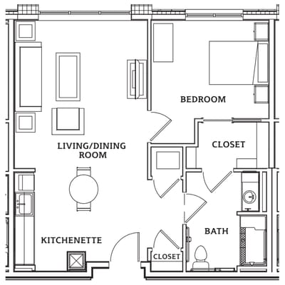 Architectural floor plan of a living unit layout