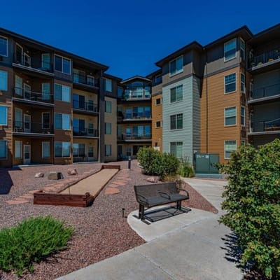 Exterior view of the facility with a landscaped courtyard