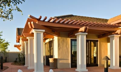 Exterior view of a facility entrance with architectural features