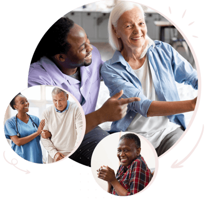 Care staff interacting with residents in a cheerful setting