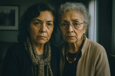 Two elderly women with serious expressions indoors