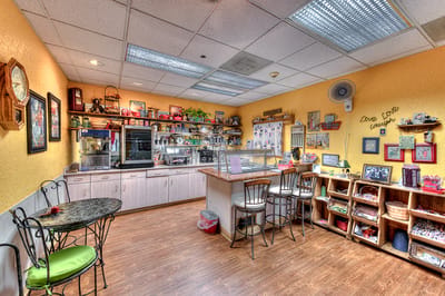 Bright, inviting common area with seating and decor