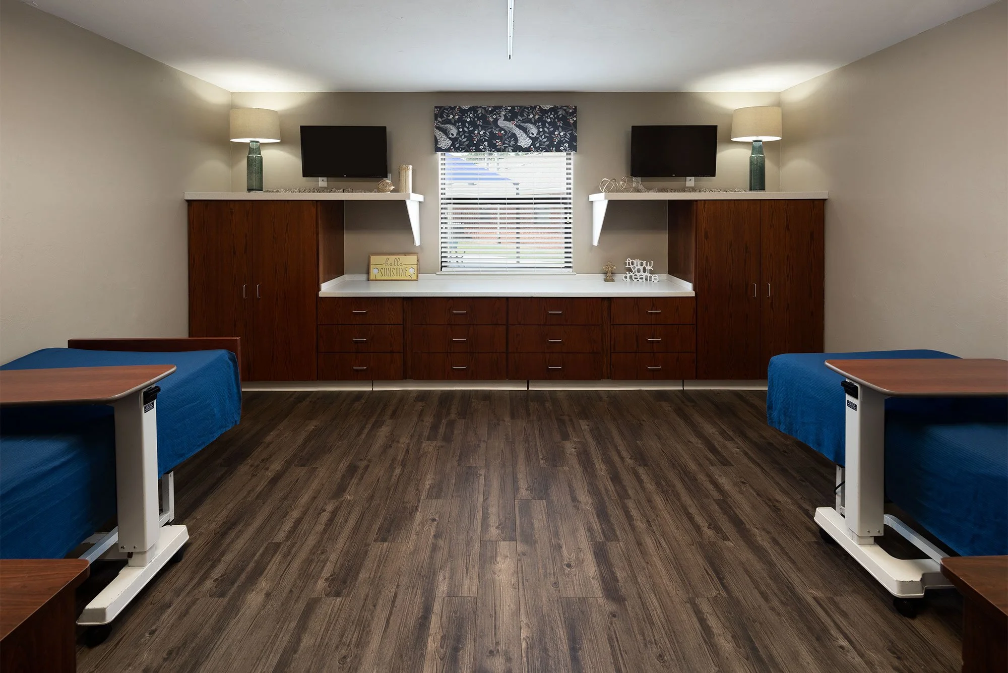 Bright and modern shared living space with beds