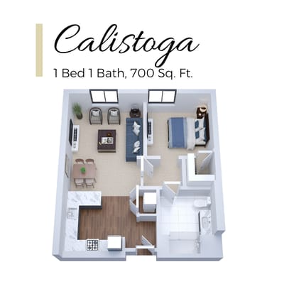 Floor plan of a one-bedroom apartment.