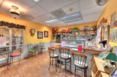 Interior view of a dining area with colorful decor