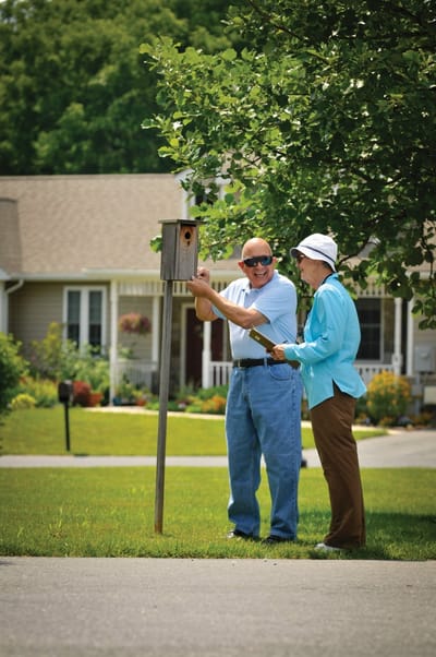 Two residents enjoying outdoor activity by a birdhouse