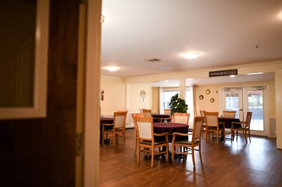 Interior view of a dining room with tables