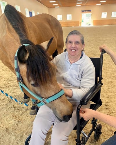 The Inn at Fairview, nursing home in Hudson, NH — Resident interacting with a therapy horse in an arena