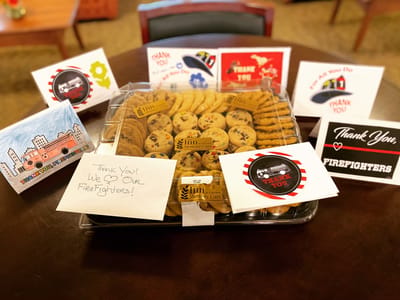 The Inn at Fairview, nursing home in Hudson, NH — Cookie platter with thank-you cards for firefighters
