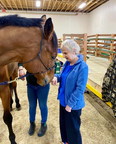 The Inn at Fairview, nursing home in Hudson, NH — Senior resident interacting with a horse in a barn