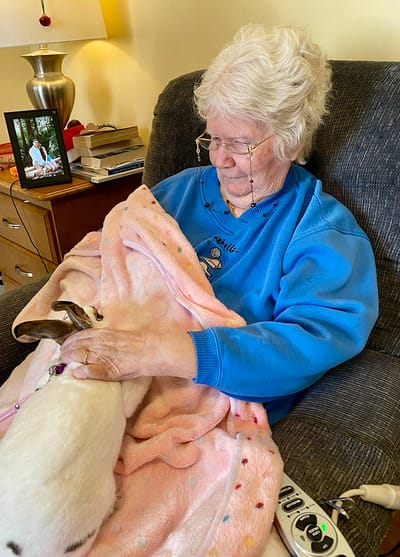 The Inn at Fairview, nursing home in Hudson, NH — Elderly woman petting a small dog on her lap