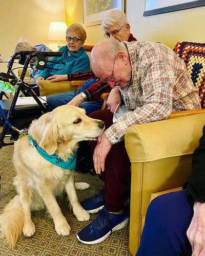 The Inn at Fairview, nursing home in Hudson, NH — Residents interacting with a therapy dog in a lounge