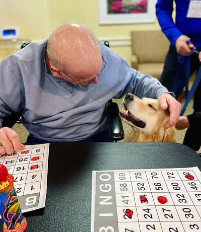 The Inn at Fairview, nursing home in Hudson, NH — Senior resident enjoying bingo game with a golden retriever