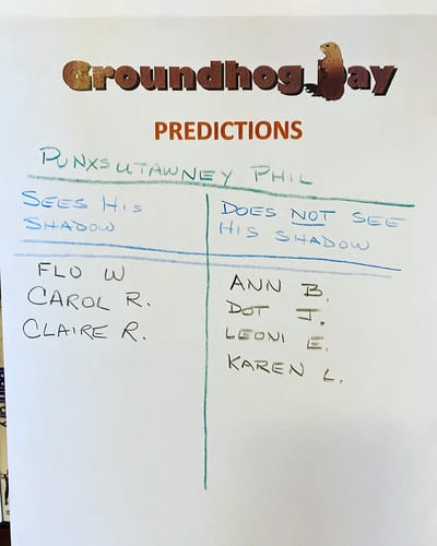 The Inn at Fairview, nursing home in Hudson, NH — Groundhog Day predictions written on a whiteboard