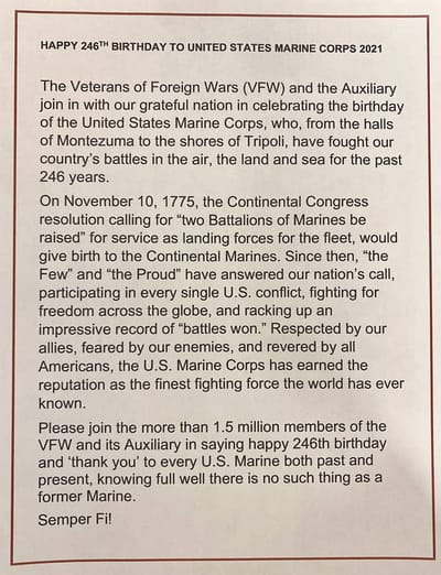 The Inn at Fairview, nursing home in Hudson, NH — Veterans and Auxiliary honoring Marine Corps 246th birthday celebration