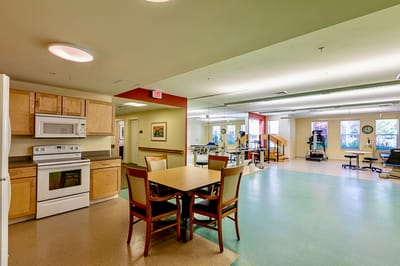 Interior photo of a kitchen and activity space