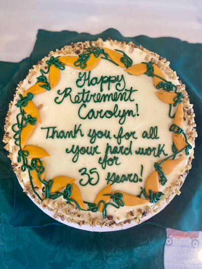 The Inn at Fairview, nursing home in Hudson, NH — Retirement cake with decorative icing and message