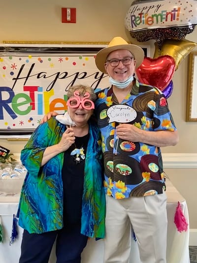 The Inn at Fairview, nursing home in Hudson, NH — Residents celebrating retirement with festive decorations and props