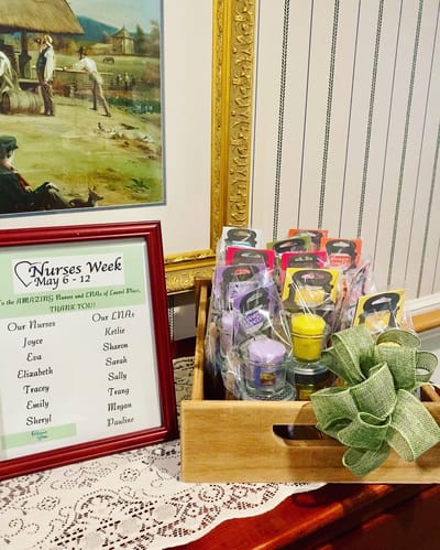 The Inn at Fairview, nursing home in Hudson, NH — Nurses Week display with gifts and a thank you sign