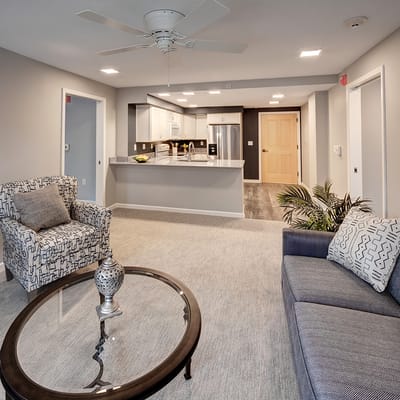Modern resident living space with furniture and kitchen
