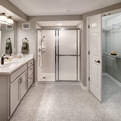 Interior view of a private bathroom in a resident suite