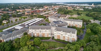 Aerial view of the Freedom Village campus with buildings and greenery