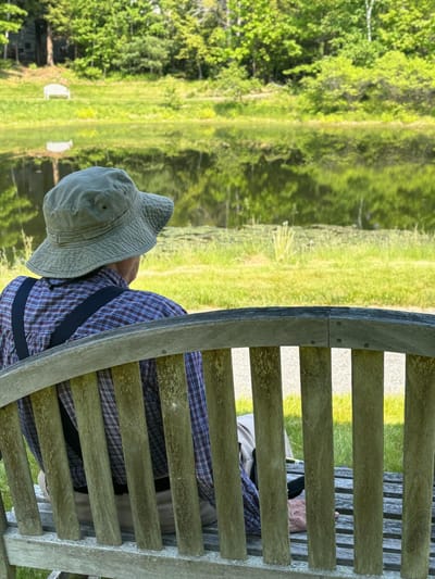 An elderly man sitting on a bench by a pond