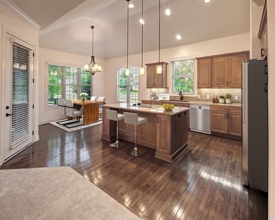 Spacious kitchen area in a modern assisted living facility