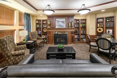Cozy common area with bookshelves and fireplace