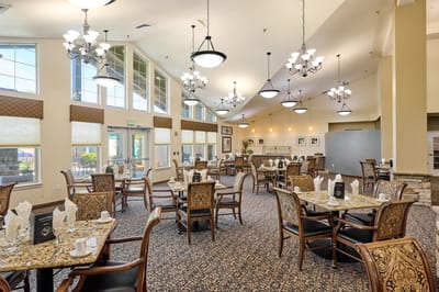Bright dining room with elegant furnishings and tables set