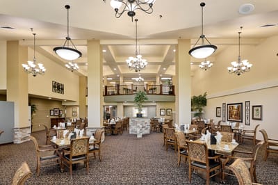 Elegant dining room with decorative lighting and seating