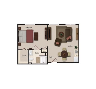 Interior floor plan of a living unit with labeled rooms