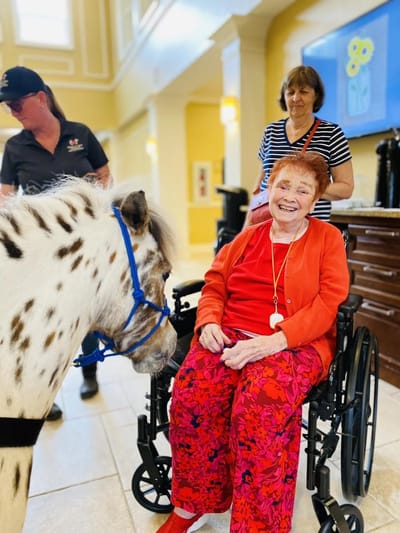 Residents interacting with a therapy pony in a common area