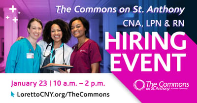 Hiring event promotional graphic with staff members