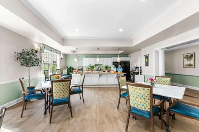 Bright common area with seating and decorations