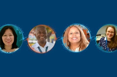 Four staff members smiling in a graphic layout