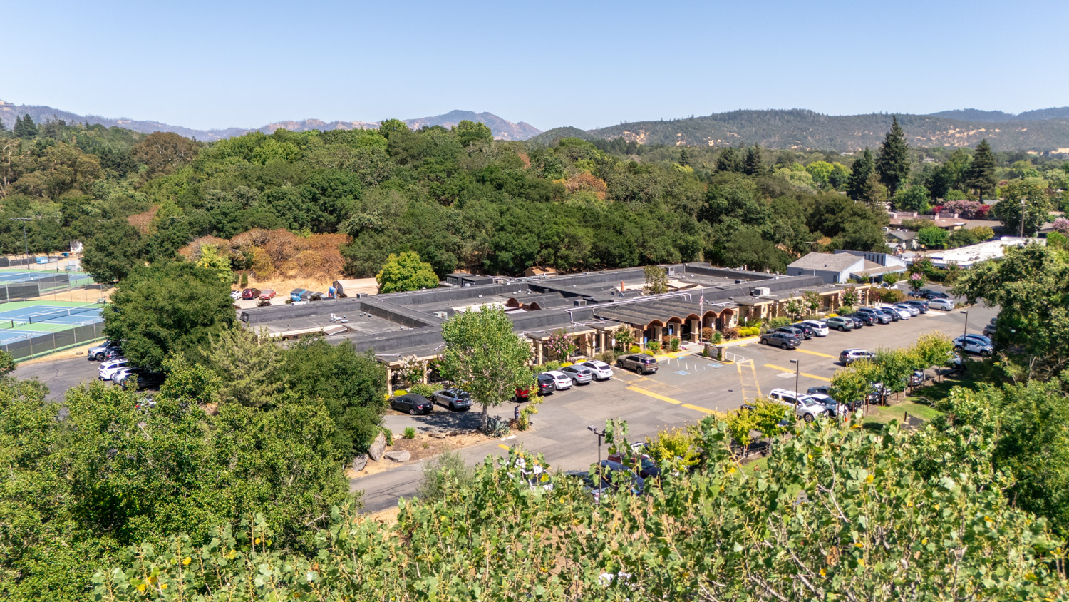 Aerial view of the facility with surrounding greenery