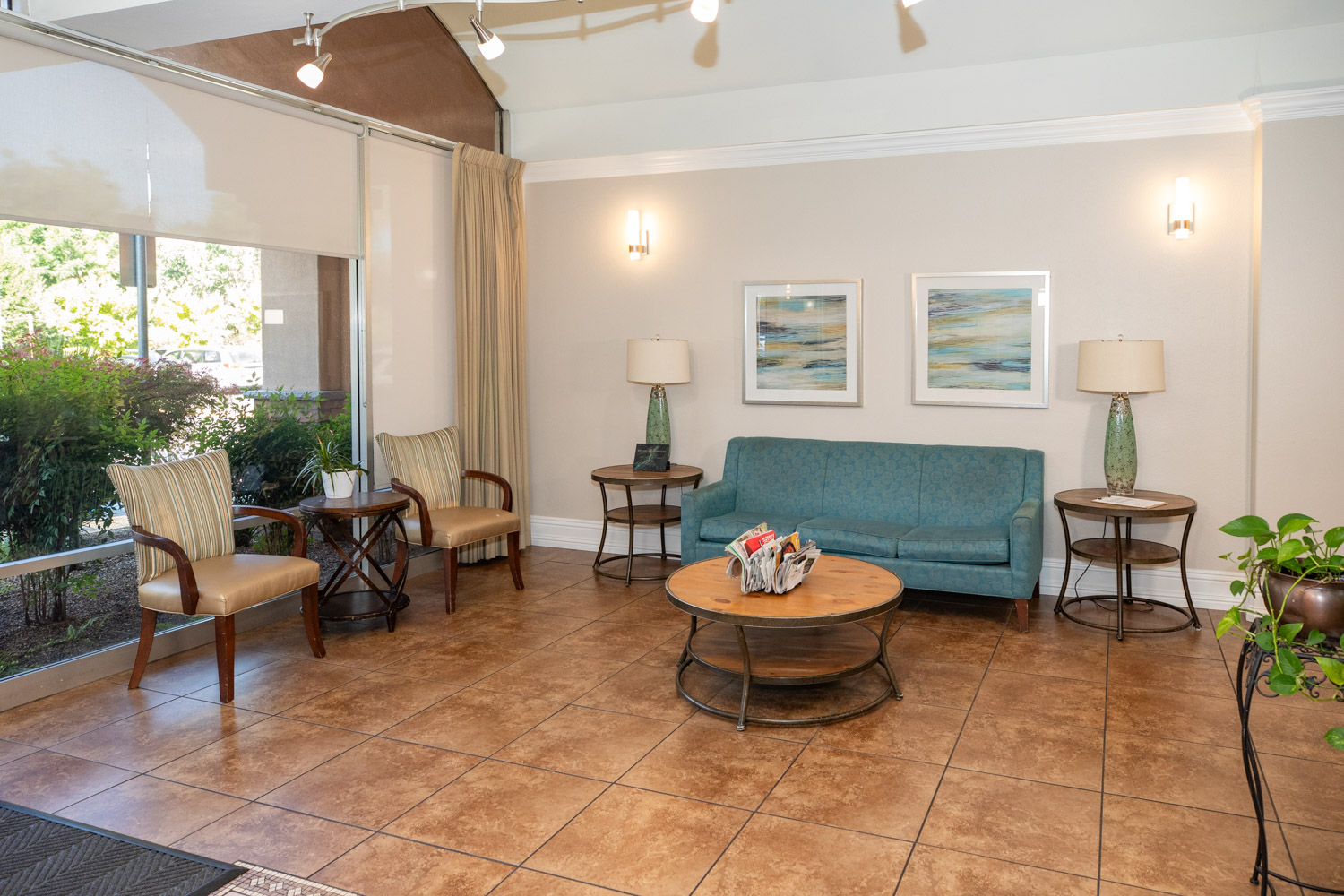 Interior lobby area with seating and decorations