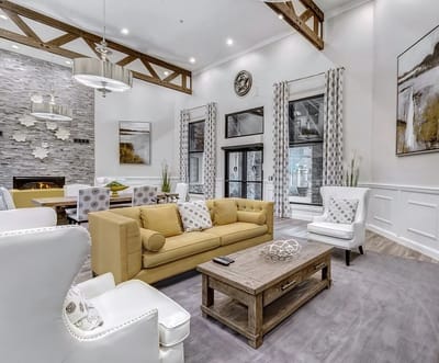 Interior view of a stylish common area in a senior living facility