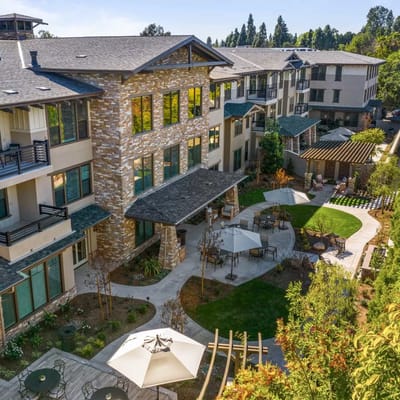 Aerial view of the assisted living facility with outdoor space