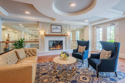 Interior common area with seating and fireplace