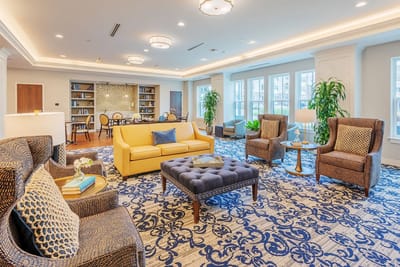 Bright and welcoming interior common area with seating