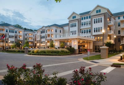 Exterior view of The Templeton of Cary at dusk