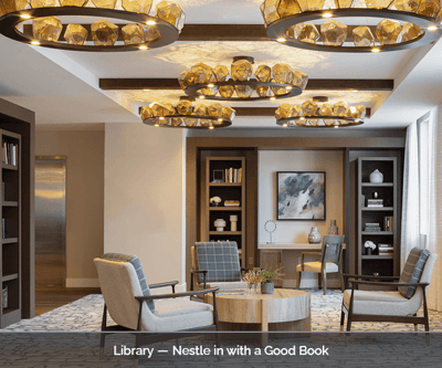 Cozy library area with comfortable seating and bookshelves