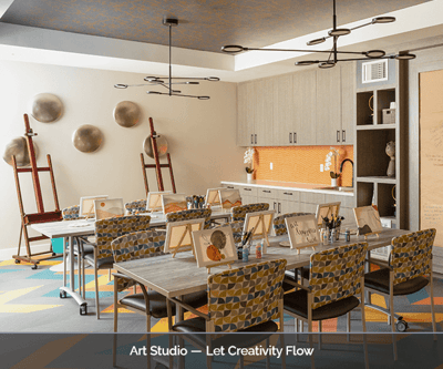 Interior of an art studio with easels and painting supplies