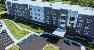 Aerial view of Vivera Senior Living building and parking area