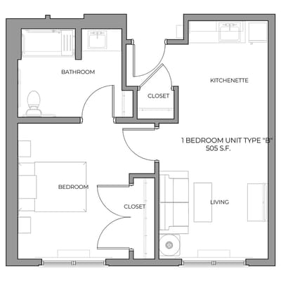 Architectural floor plan of a one-bedroom unit